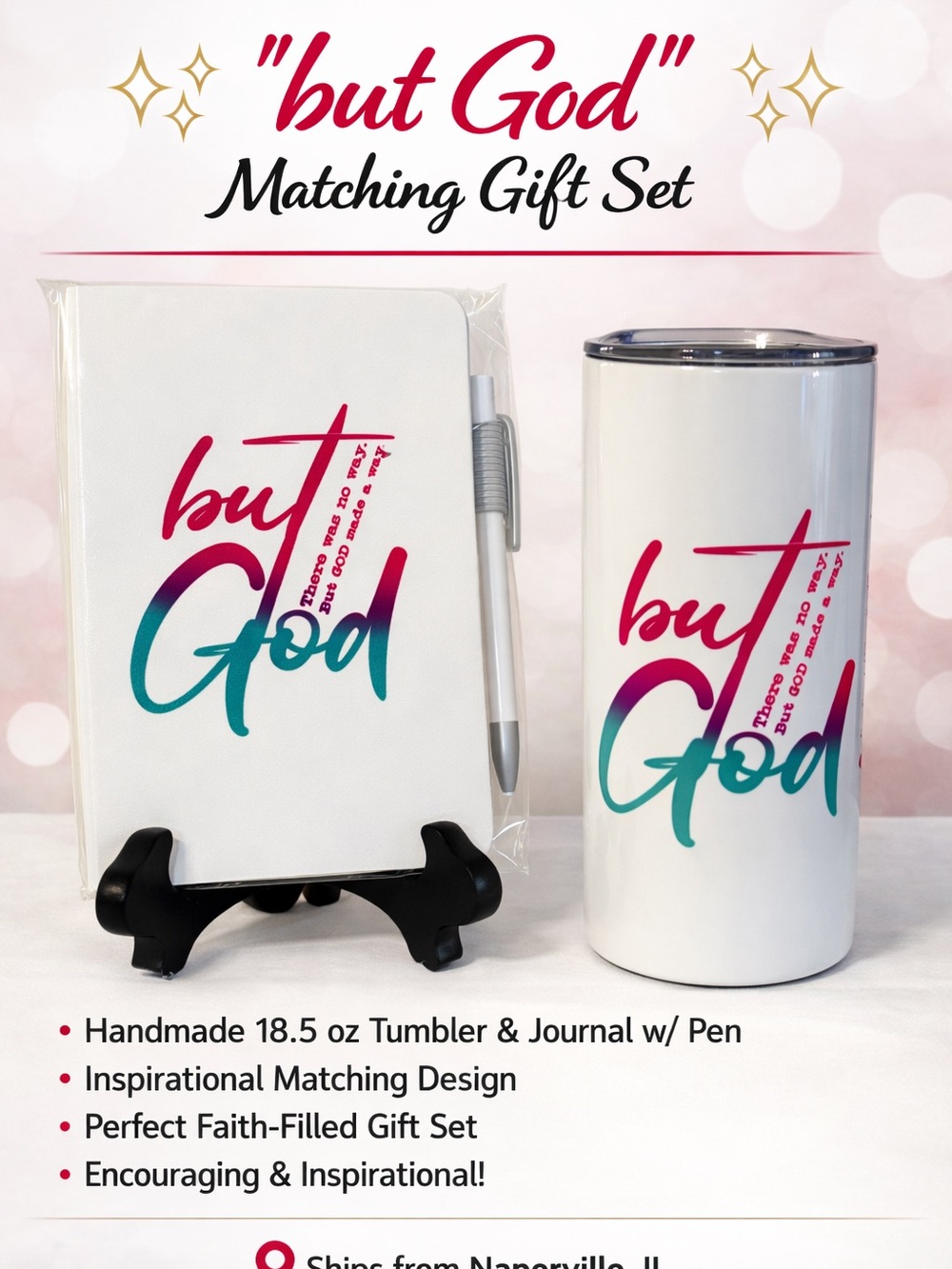 "but God" Matching Journal & Tumbler Set - White with Pink/Teal Script